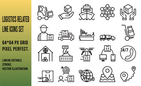 Set of Logistics Related Vector Line Icons. 64x64 px Grid Pixel Perfect. Linear Editable Stroke. Vector Illustration.のイラスト素材