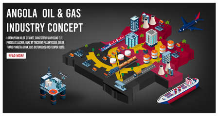 Modern isometric of Angola oil and gas industry concept with Offshore crude extraction, transportation, refinery plant, fuel tanker ship rail tanks. Easy to edit and customize. Vector illustrationのイラスト素材