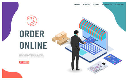 Order Online modern isometric design concept. Advertising research, Analysis of content and Promotion. Landing page template. 
Vector illustrationのイラスト素材