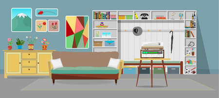 Retro colorful living room interior design. Flat style vector illustration.のイラスト素材
