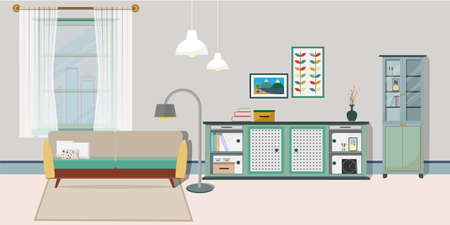 Retro colorful living room interior design. Flat style vector illustration.のイラスト素材