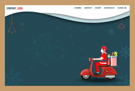 Merry Christmas and Happy New Year sale banner with the participation of Santa Claus delivery, bells, christmas tree and seasonal elements. For posters, banners, sales and other winter events. Vector illustration EPS10のイラスト素材
