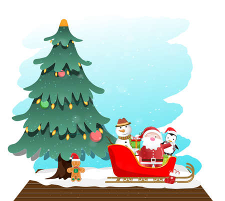 Merry Christmas and Happy New Year greeting card with santa claus, cute penguin, snowman and seasonal elements. 
For posters, banners, sales and other winter events. Vector illustration EPS10.のイラスト素材
