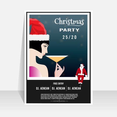 Christmas party invitation poster, flyer template design with abstract Ladies drinking wine and winter element.のイラスト素材