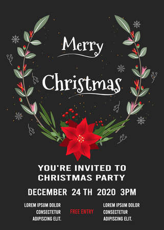 Christmas party invitation poster, flyer template design with christmas flowers and winter elements.のイラスト素材