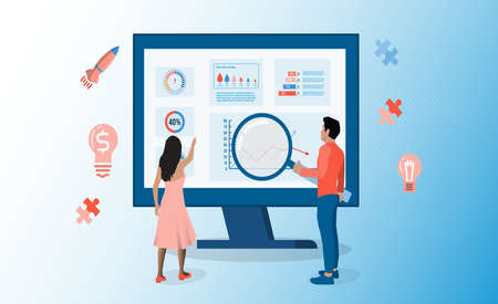 Business people working on online report dashboard and data analytics monitoring. Communication and contemporary marketing.  vector illustration EPS 10のイラスト素材