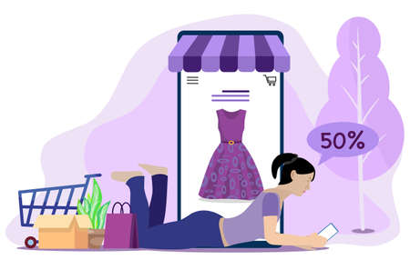 Customers using mobile phone for online shopping concept. Can be used for website, web banner, e-commerce, sale, purchase, or discount coupons. Vector illustration eps10のイラスト素材