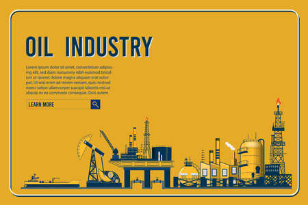 Gas and oil industry extraction platform background with Outbuildings, Oil storage tank. Poster Brochure Flyer Design, Vector Illustration EPS10のイラスト素材