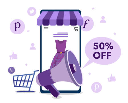 Mobile advertising Concept with megaphone advertising online sale for web page, banner, 
presentation, social media, online purchase, documents, cards, posters. Vector illustration eps10のイラスト素材