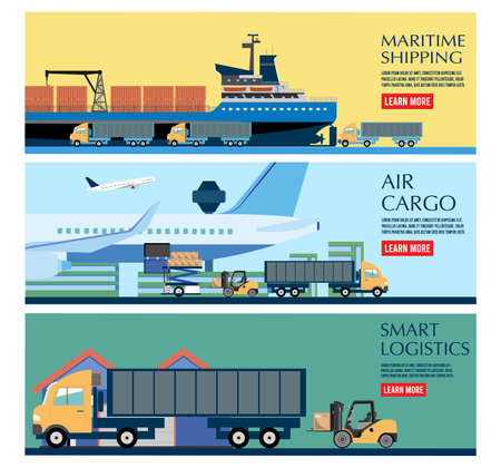 Modern Global logistic service concept with set of maritime, truck and air transport delivery services for export, import, 
and warehouse business. Vector illustration eps10のイラスト素材