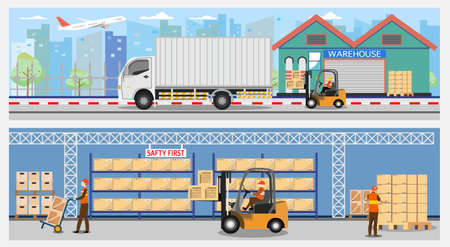 Modern Global logistic and Delivery service concept with set of container cargo ship loading, truck and warehouse for export, import, and warehouse business. Flat style vector illustration eps10のイラスト素材