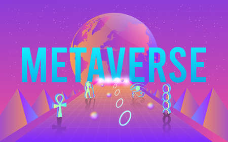 Concept of Future digital technology 3D metaverse, a virtual reality technology for users on smartphones and digital devices colorful background. Vector illustration eps10のイラスト素材