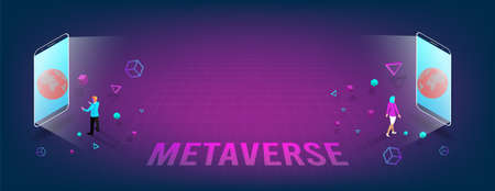 Concept of Future digital technology 3D metaverse, a virtual reality technology for users on smartphones and digital devices colorful background. Vector illustration eps10のイラスト素材