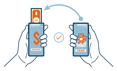 Mobile P2P payments, Financial transactions on smartphones. Vector illustration isolated on white background.のイラスト素材