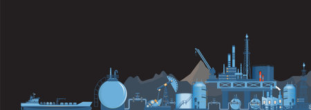 Gas and oil industry extraction platform Banner with Outbuildings, Oil storage tank. Poster Brochure Flyer Design. Vector Illustrationのイラスト素材