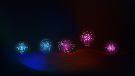 Artificial Intelligence (AI) background concept with Chatbot, Machine learning, Abstract line and wave flow. Vector Illustrationのイラスト素材
