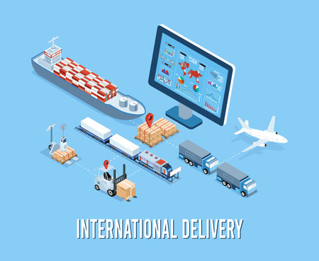 3D Isometric International Delivery And Global Logistics Concept with Transportation operation service, Air, Road, Ship, rail transportation. Vector illustration EPS 10のイラスト素材