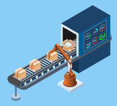 Belt Conveyor in Industrial Plant Concept with Warehouse Automation System and Autonomous Robot Transportation operation service. Vector illustration EPS 10のイラスト素材