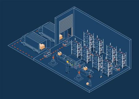 3D isometric Automated Warehouse Robots and Smart warehouse technology Concept with Warehouse Automation System and Autonomous Robot Transportation operation service. Vector illustration EPS 10のイラスト素材