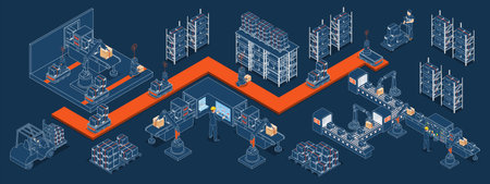 3D isometric Automated Warehouse Robots and Smart warehouse technology Concept with Warehouse...