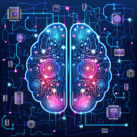 Artificial intelligence background concept with Digital brain, Machine learning and cyber mind domination, circuit board and binary data flow on blue background. Vector Illustration eps10のイラスト素材