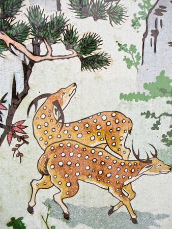 deer mural in chinese painting styleのeditorial素材