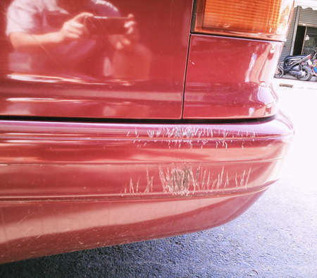dog gnawed and cat scratched on fender and bumper.の写真素材