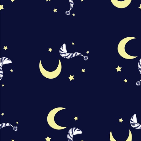 night vector pattern with painted moon and a nightcapのイラスト素材