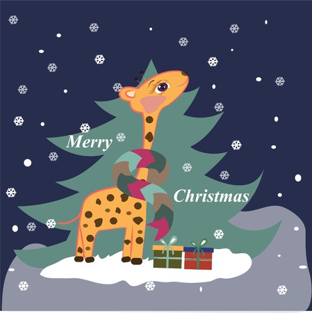 Christmas card with giraffe and whith giftsのイラスト素材