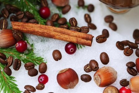 snow grain coffee cinnamon hazelnut winter spruce christmas new year holidayの写真素材