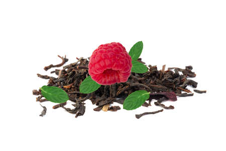 tea and raspberry with mint leaves isolated on white
