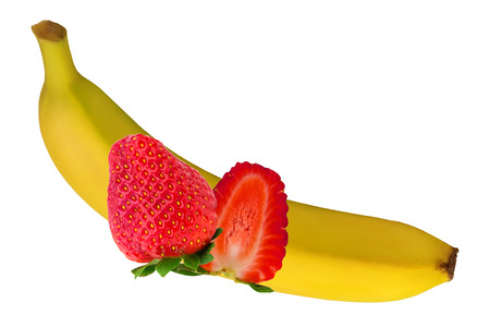 banana and strawberry isolated on white backgroundの写真素材