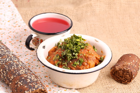chakhokhbili braised chicken in tomato sauce with onions brown bread with poppy compote juice diet...