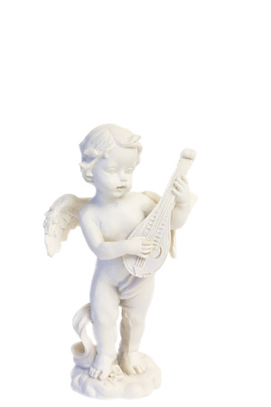 angel playing a lute figure figurine isolated on a white backgroundの写真素材