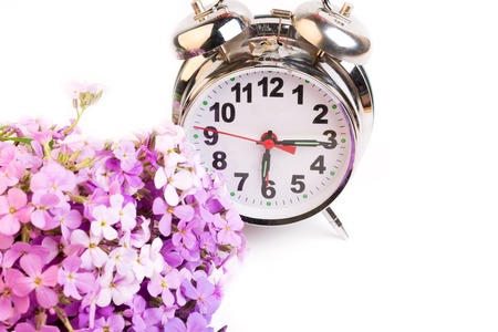 alarm clock violet flowers night morning selective soft focusの写真素材