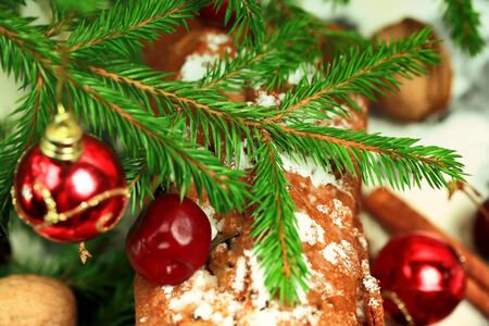 Christmas cake with cherry selective soft focus