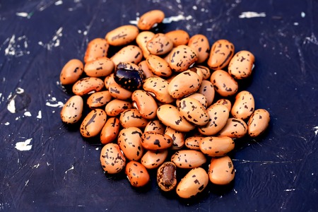 Dry pinto beans on old wooden backgroundの写真素材