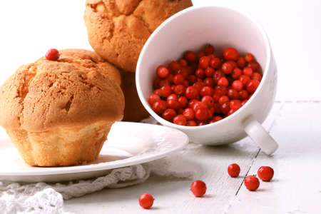 muffins with cranberries on a wooden white background selective focus pastriesの写真素材