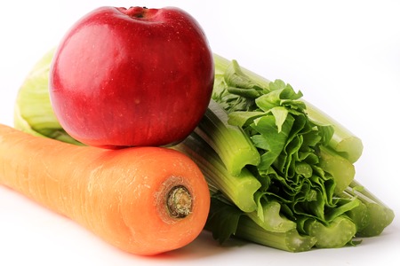Dietary set smoothie apple carrots celery isolated on white backgroundの写真素材