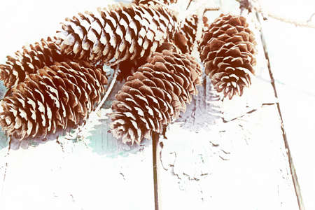 Vintage Christmas fir cones old wooden background rustic style