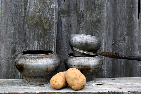 antique pots for cooking fork retro vintage rustic styleの写真素材