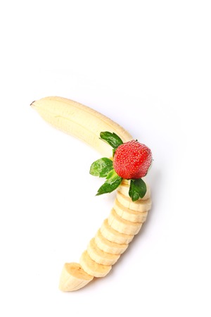 Strawberry Banana peeled isolated on white backgroundの写真素材