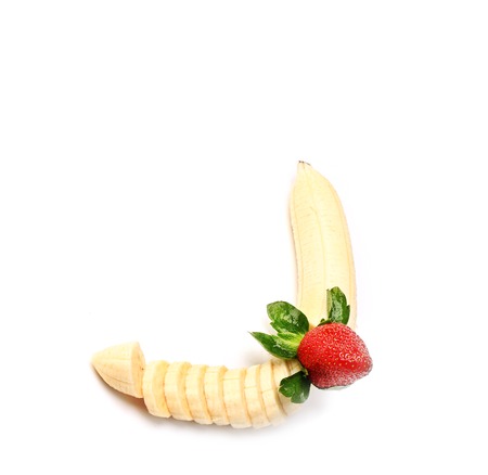 Strawberry Banana peeled isolated on white backgroundの写真素材