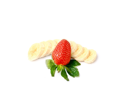 Strawberry Banana peeled isolated on white backgroundの写真素材