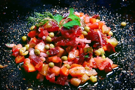 vegetable salad with beetroot vinaigrette Russian kitchen rustic style eco diet healthy home cookingの写真素材