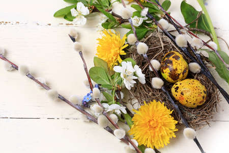spring flowers composition bird's nest painted easter egg