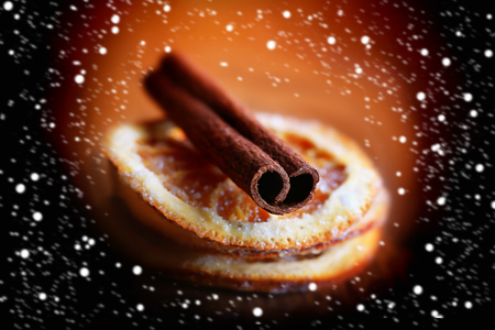blurred background cinnamon and dried orange christmas mystic retroの写真素材