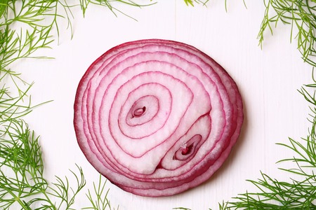 dill and red onion on a white background top view of the wooden flat styleの写真素材