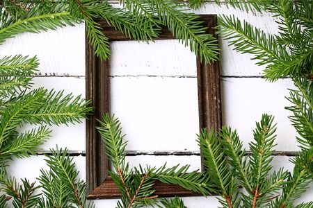 wooden frame for photo spruce branches white wooden backgroundの写真素材