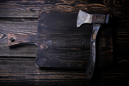 cutting board for meat ax old wooden background Vintage rustic style